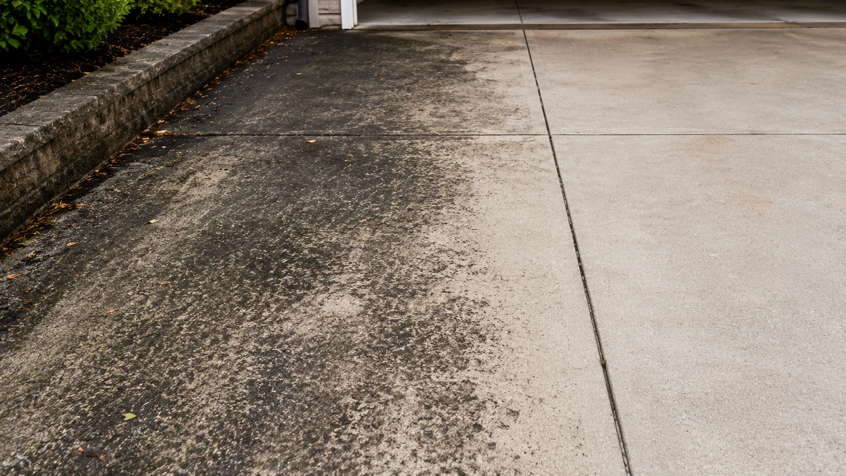 Dark black staining on concrete beside a cleaner unaffected area