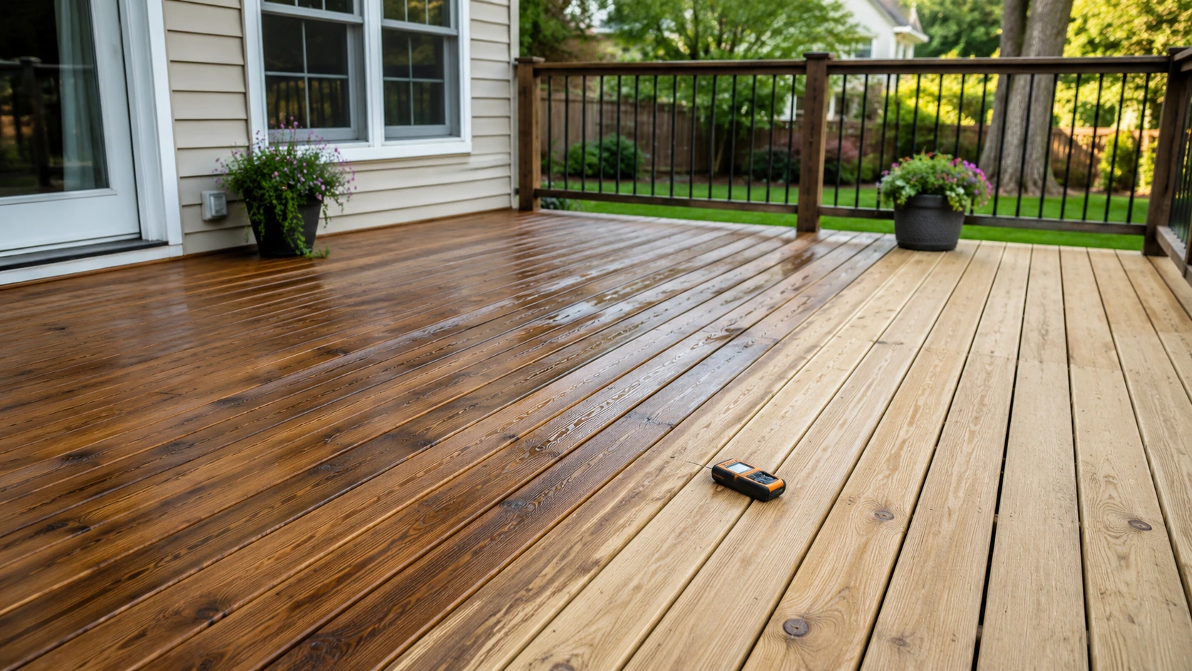 Recently washed wood deck drying naturally in daylight