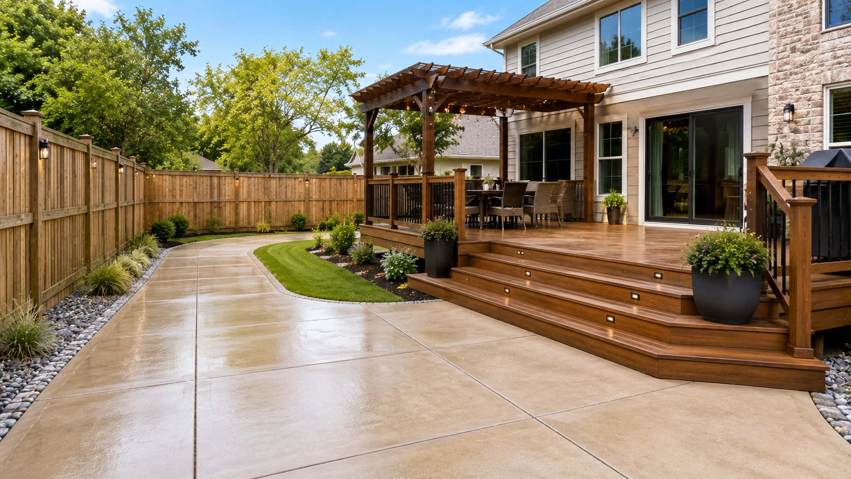 Residential exterior showing a home, driveway, walkway, deck, and fence