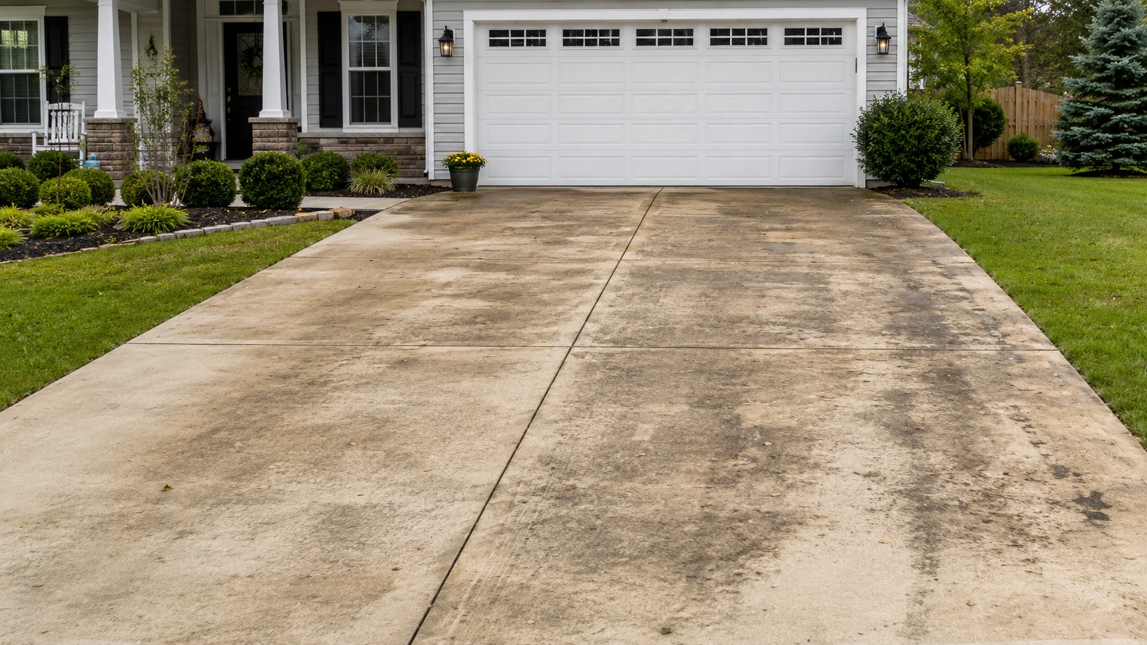 Residential concrete driveway with visible seasonal dirt and traffic discoloration