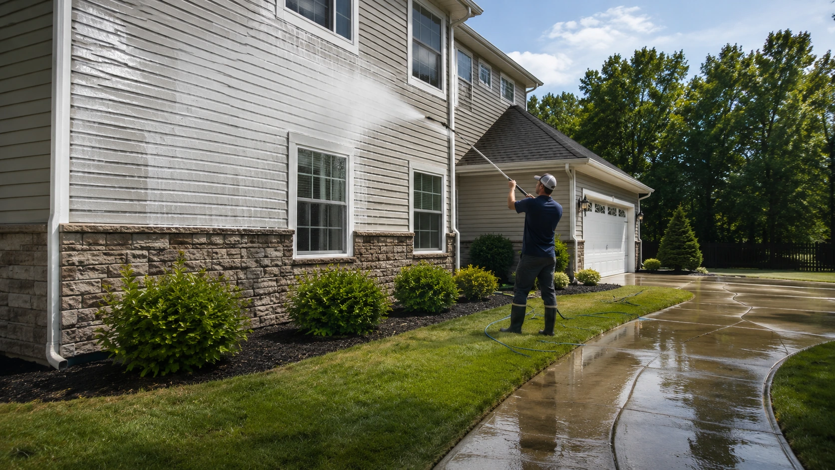 Residential siding being washed with concrete surfaces visible nearby