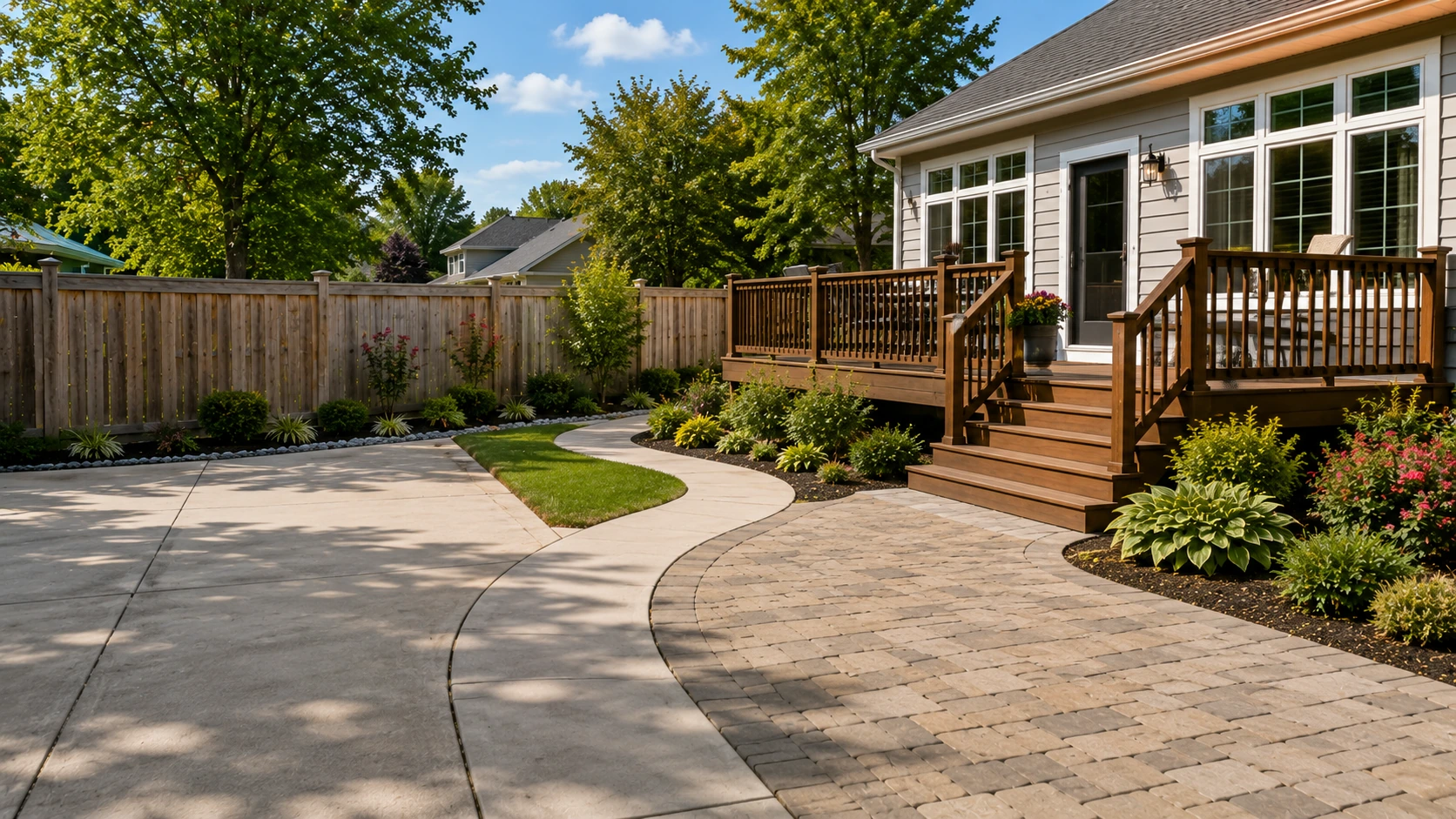 Residential property showing a house, deck, fence, driveway, and walkway