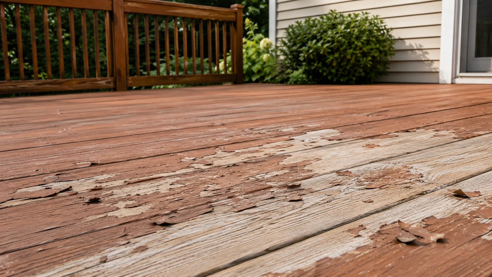 Close-up of peeling deck stain exposing weathered wood
