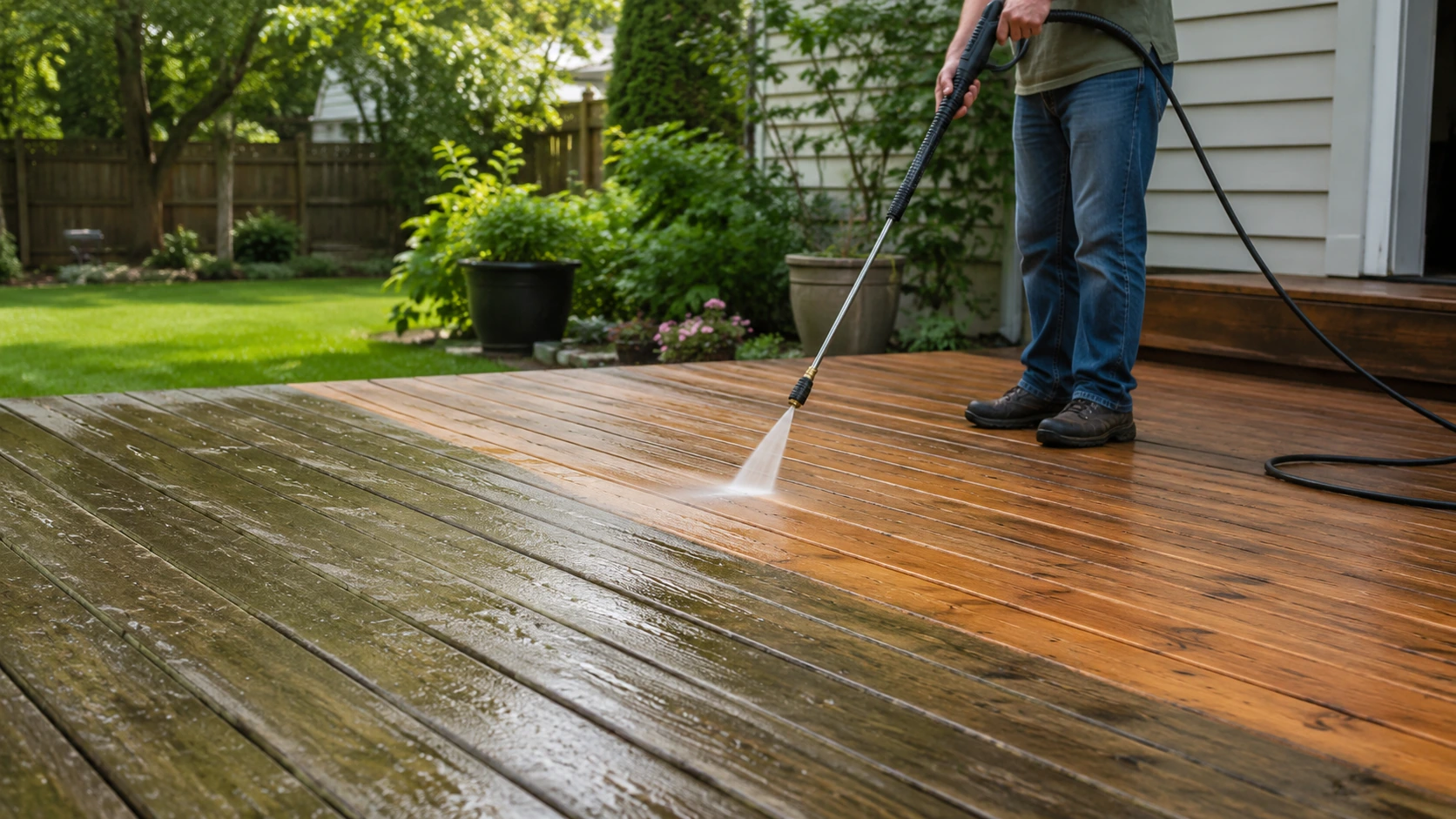 Weathered wood deck being washed with a controlled spray pattern