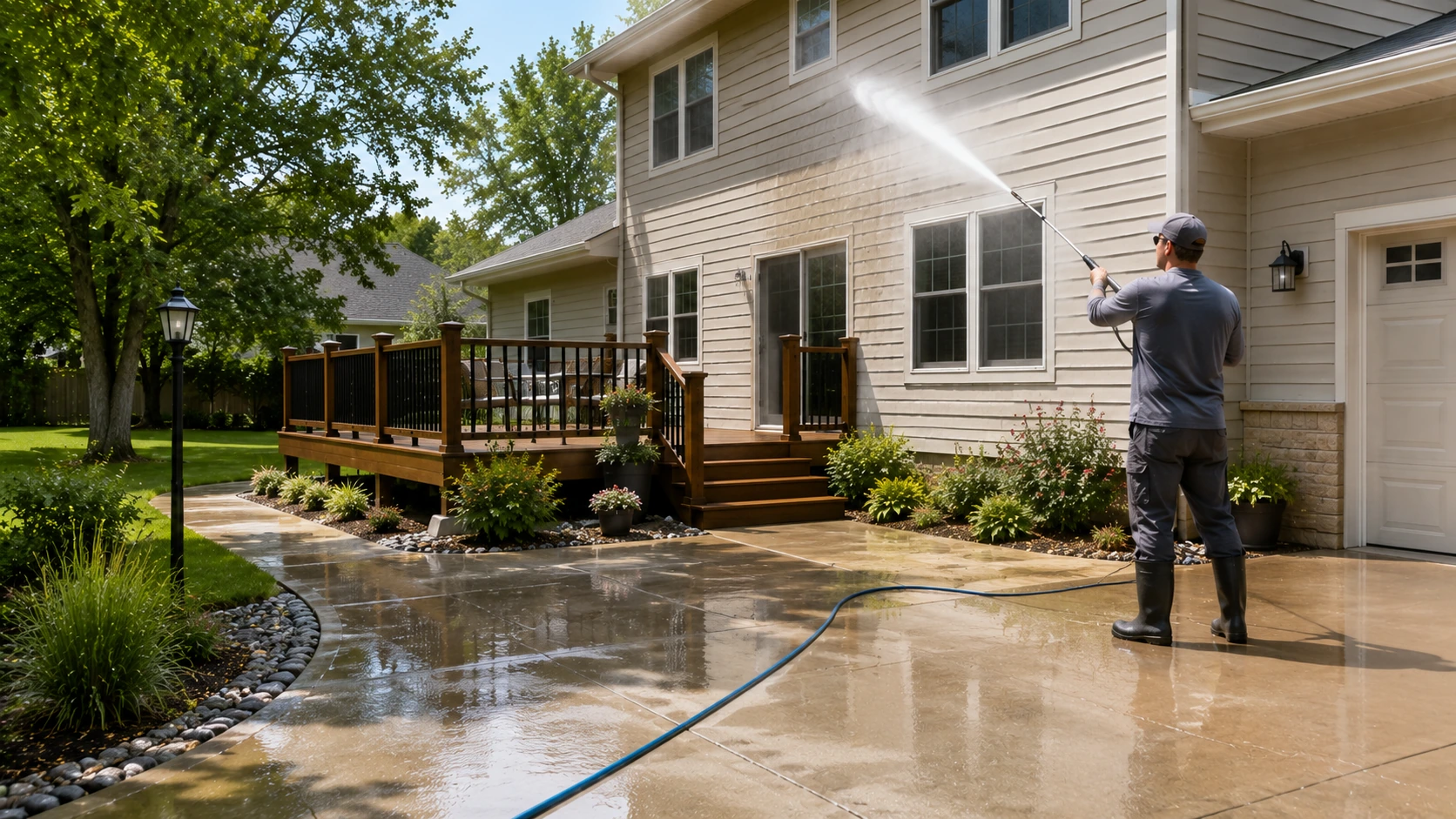 Professional exterior cleaning scene with house siding and hardscape surfaces