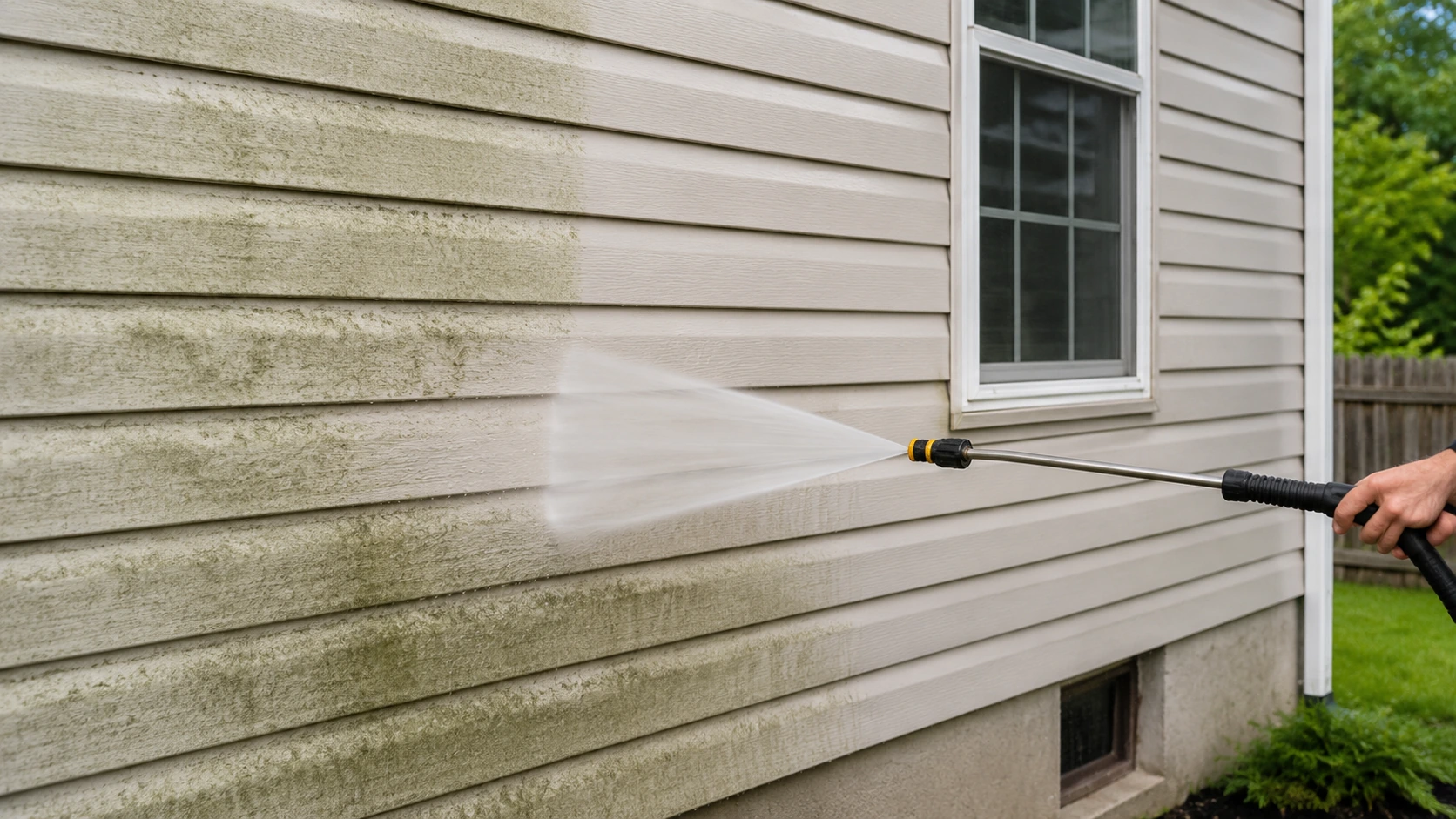 Residential siding being cleaned from a safe distance with a broad spray