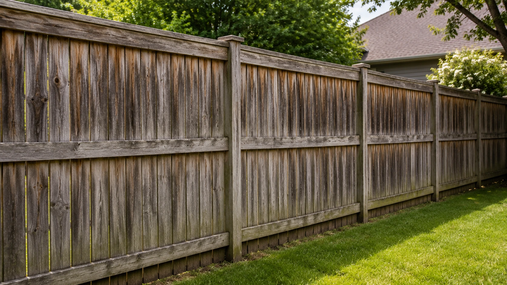 Weathered wood privacy fence with faded and uneven stain