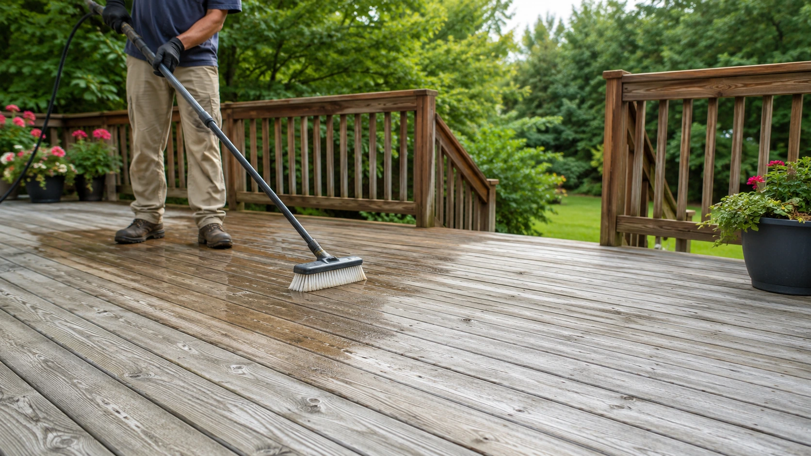 Wood deck being carefully scrubbed and washed before staining