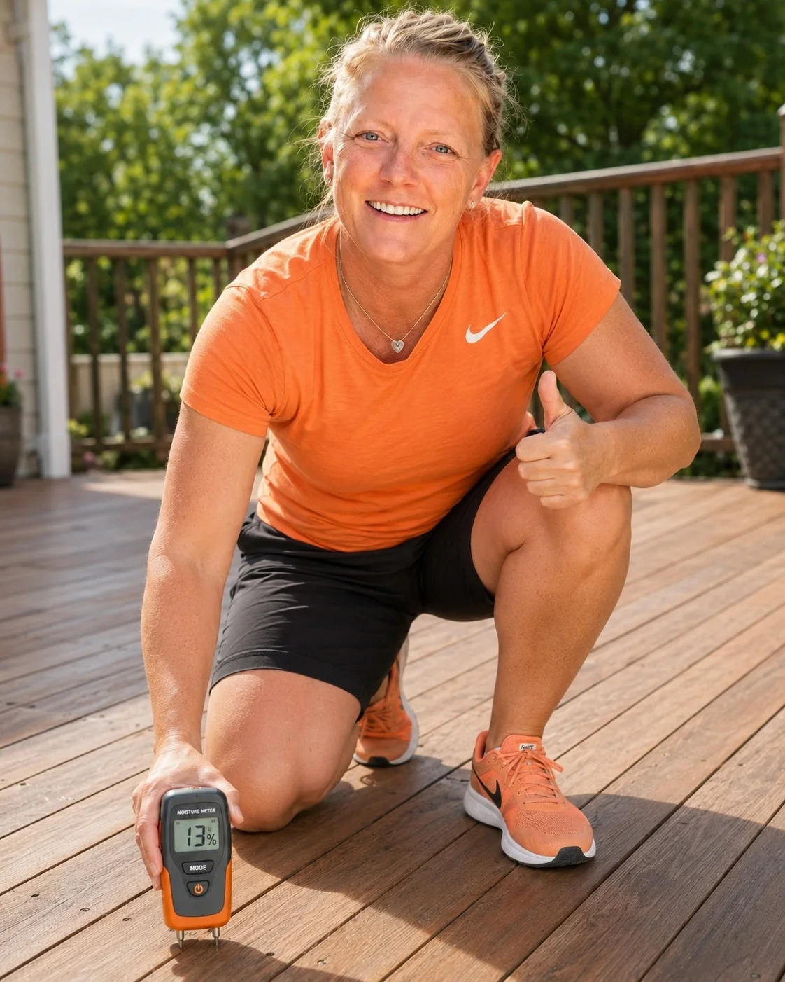 Moisture meter being used on a wood deck before staining