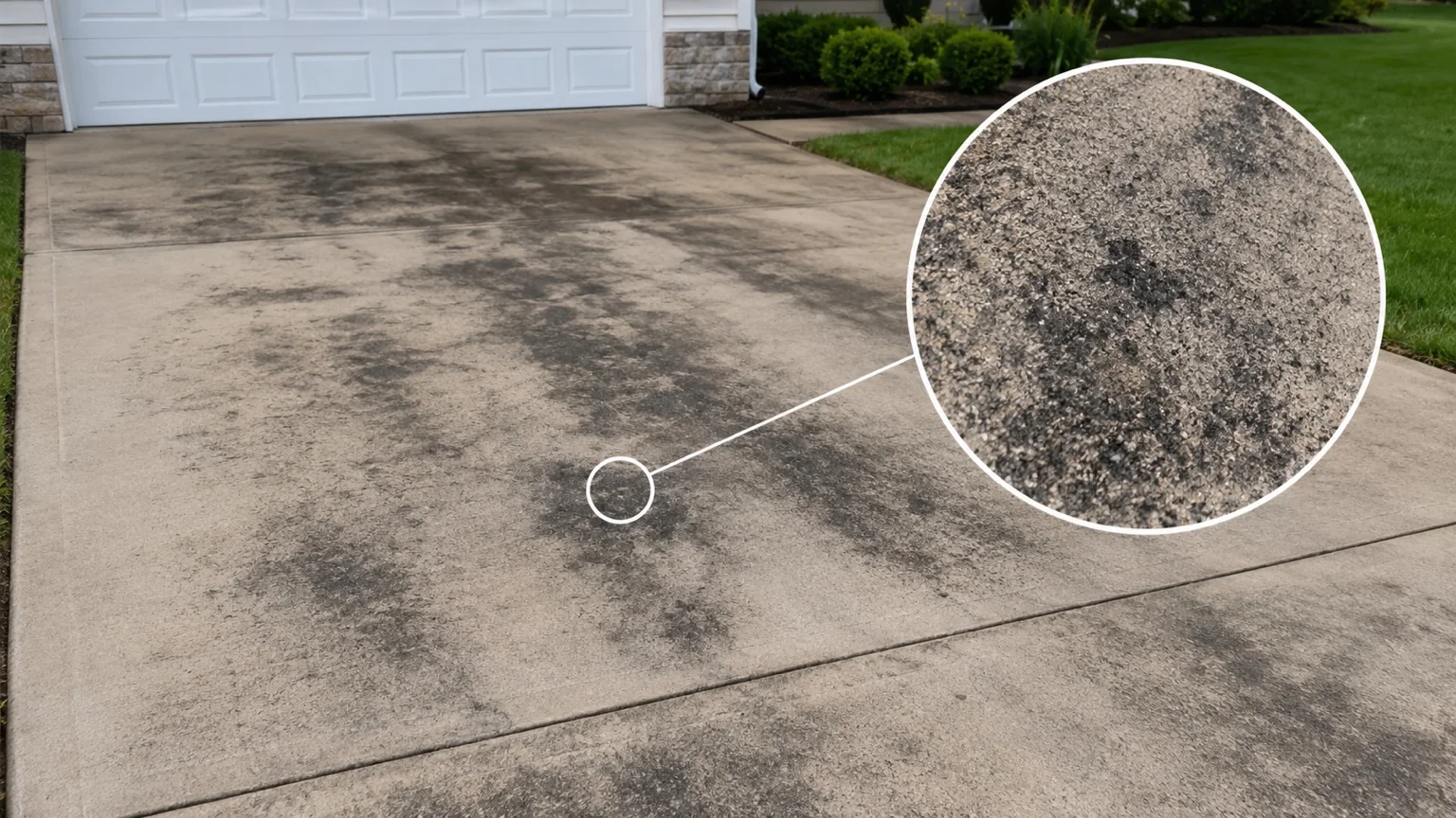 Dark stains and organic buildup on a concrete driveway