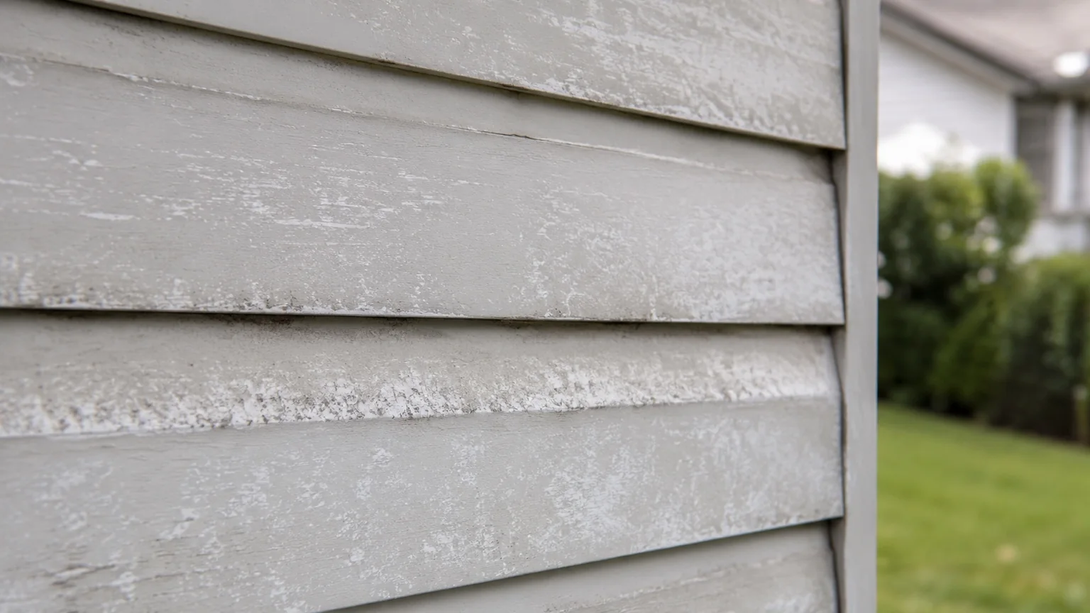 Close-up of oxidized vinyl siding with chalky weathering