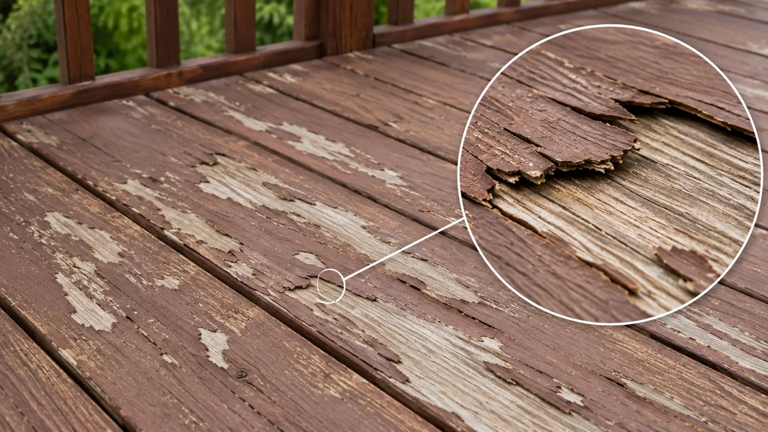Close-up of failed peeling coating on a wood deck