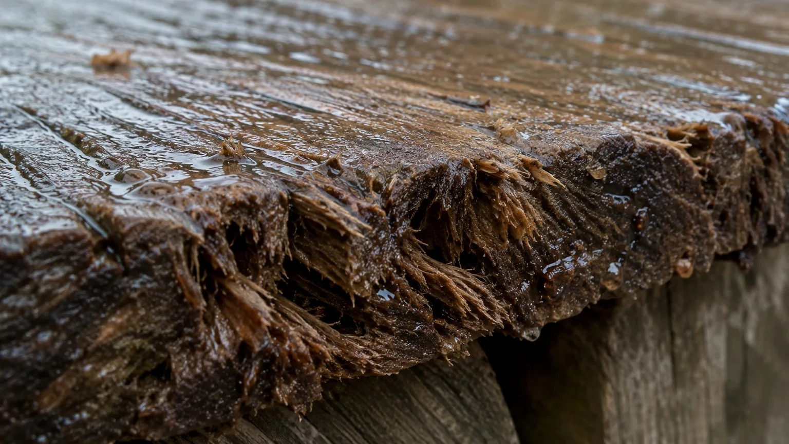 Close-up of rotted and water-damaged deck board