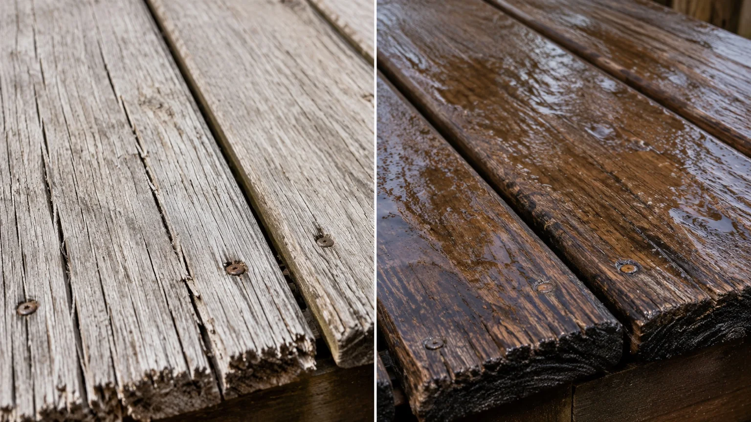 Weathered deck before and after cleaning and staining