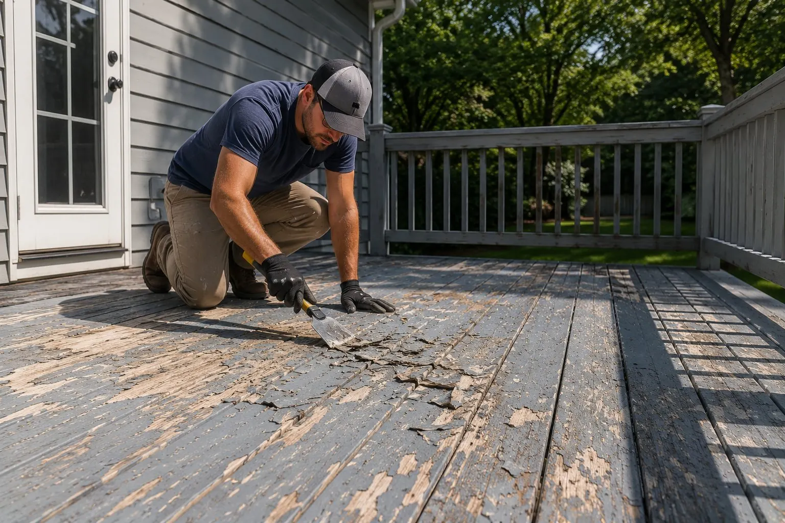 Scraping loose peeling deck coating before stain prep