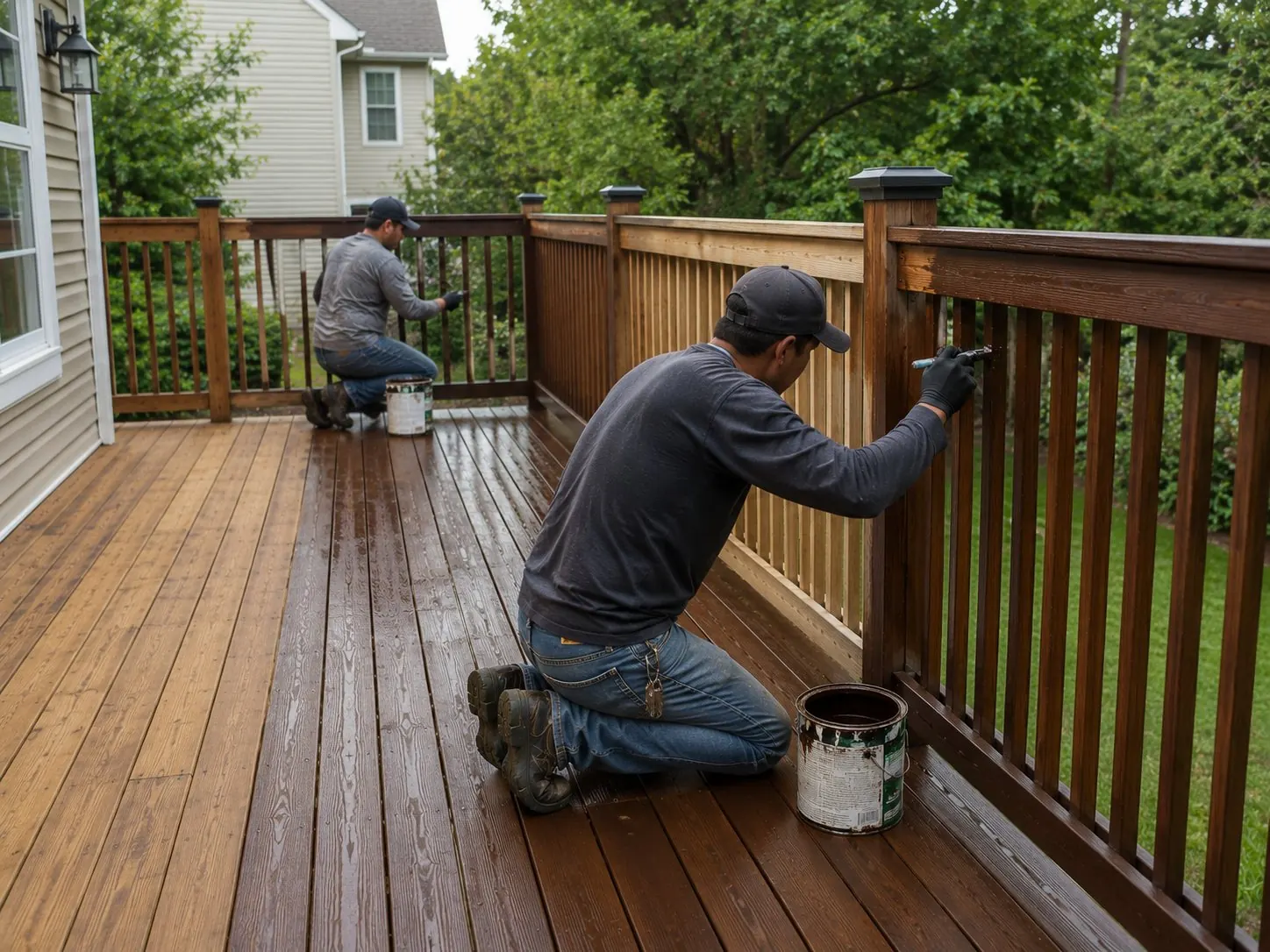 Verified Cedar Rapids workers staining detailed deck railings