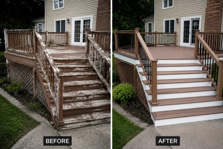Peeling deck, stairs, and railings before and after refinishing in Cedar Rapids