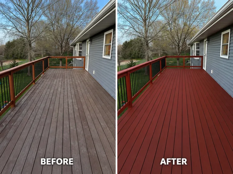 Faded deck before and after deep red finish in Cedar Rapids