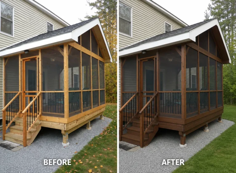 New screened porch before and after brown wood finish in Coralville