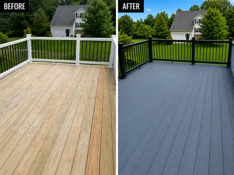 Light wood deck before and after gray and dark railing finish in Iowa City
