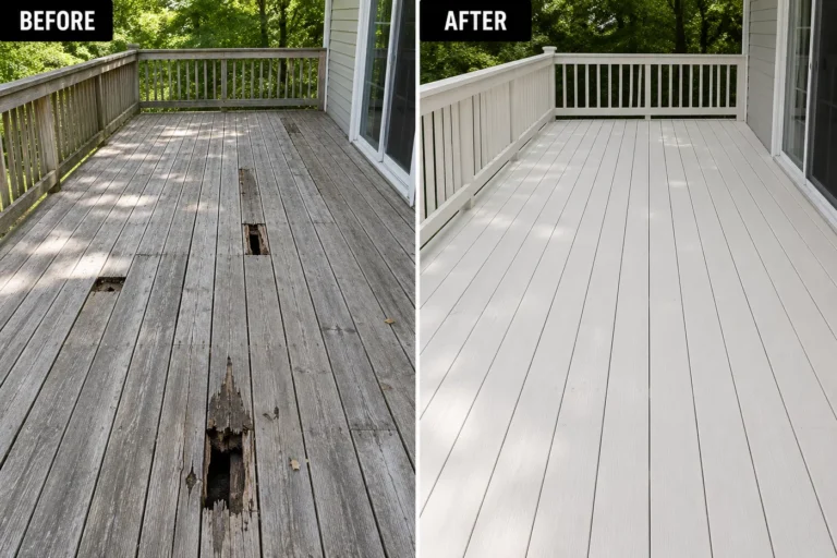 Severely damaged deck boards before and after repair and light solid finish in Iowa City