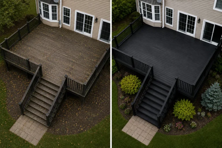 Large weathered deck before and after black refinishing in Cedar Rapids