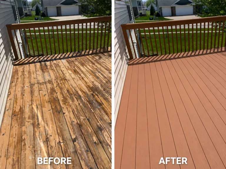 Patchy deck coating before and after uniform finish in Cedar Rapids