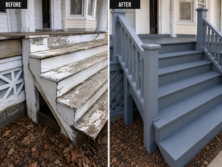 Peeling porch steps and railings before and after gray refinishing in Central City