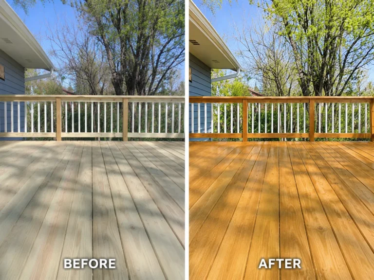 Light wood deck before and after warm wood-tone finish in Coralville
