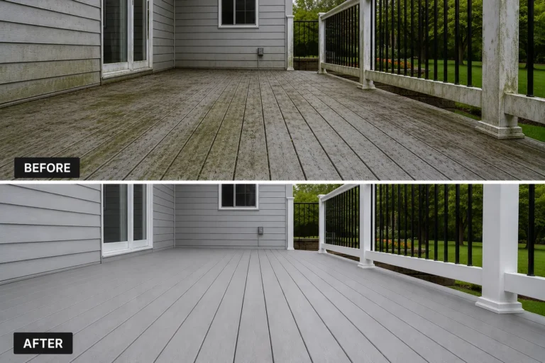 Weathered deck and railings before and after light gray and white finish in Hiawatha