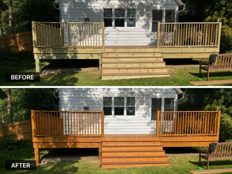 New wood deck before and after first finish in North Liberty