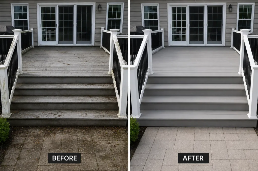 Before and after deck steps staining in Cedar Rapids IA