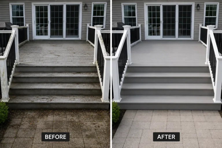 Weathered deck steps before and after gray and white refinishing in Cedar Rapids