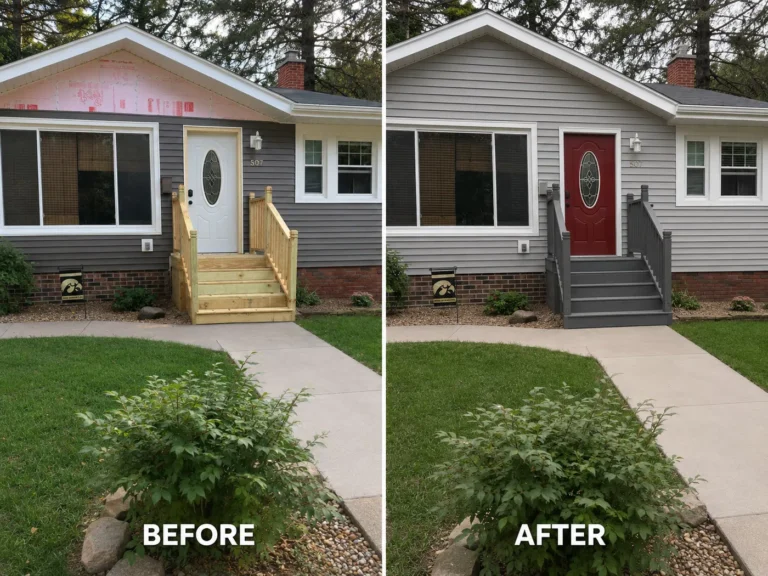 New front entry steps before and after gray finish in Cedar Rapids