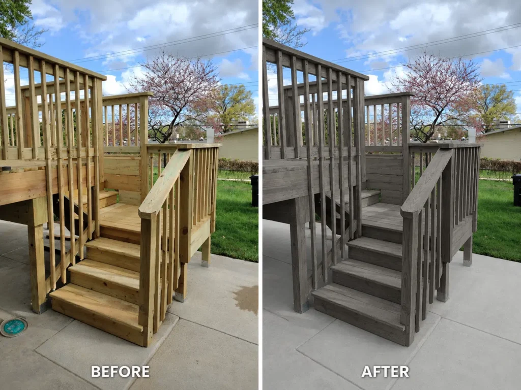 Before and after deck steps staining in Coralville IA