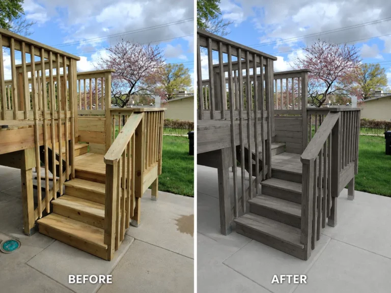 New deck steps and railings before and after gray finish in Coralville