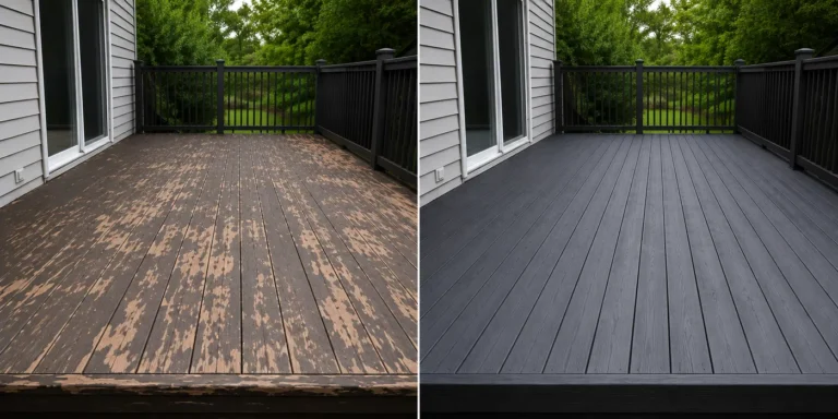 Peeling brown deck before and after dark gray refinishing in Hiawatha