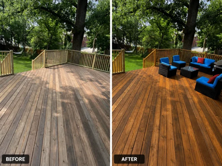 Large gray deck before and after warm natural wood-tone finish in Iowa City