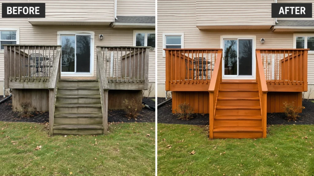 Real North Liberty backyard deck before and after refinishing