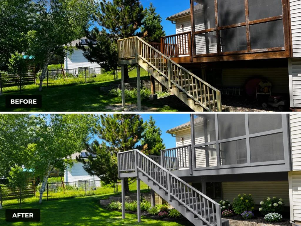 Before and after deck staining in Swisher IA