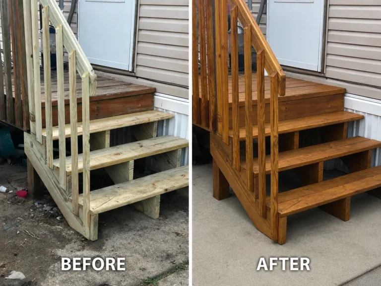 New wood stairs and railing before and after warm finish in Marion