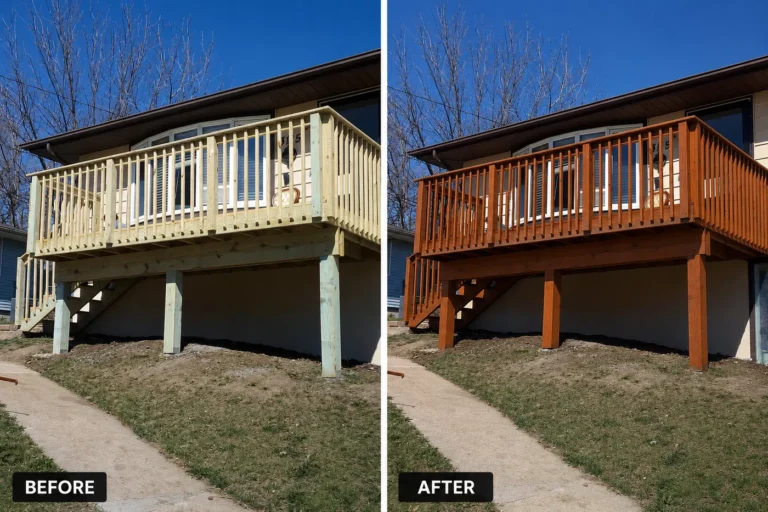 New elevated deck before and after warm red-brown finish in Cedar Rapids
