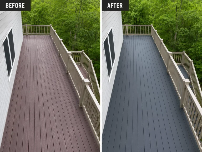 Brown deck before and after charcoal-gray finish in Iowa City