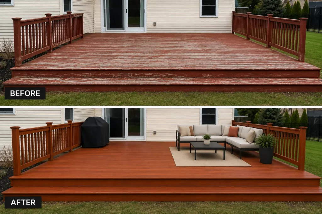 Before and after brown deck staining in Cedar Rapids IA