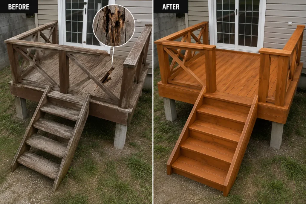 Before and after deck steps staining in Cedar Rapids IA