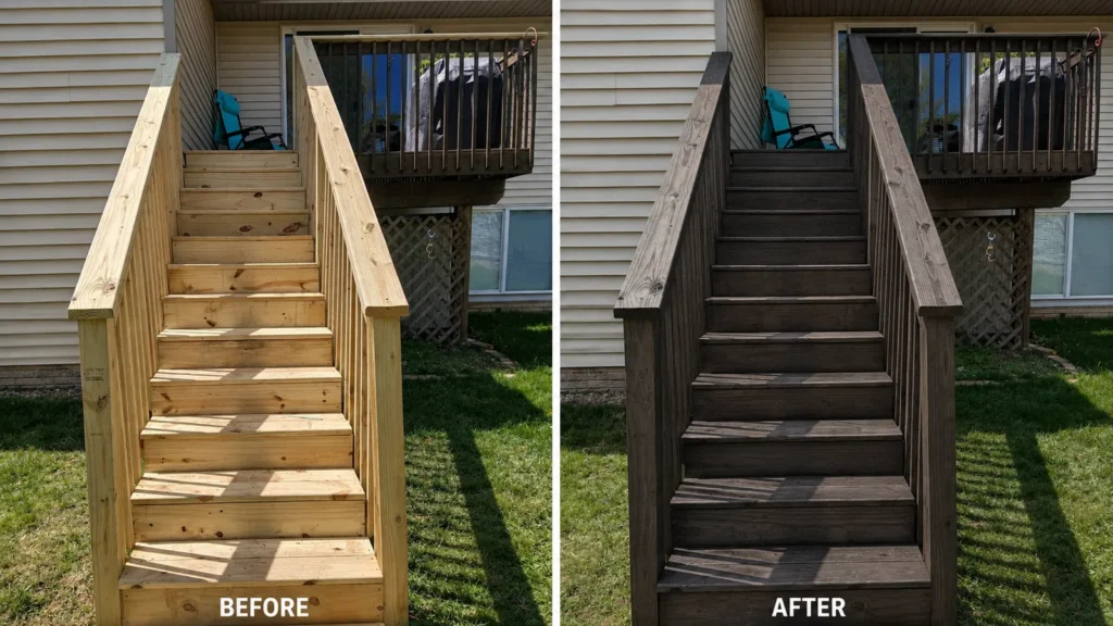 Before and after deck staining in Palo IA