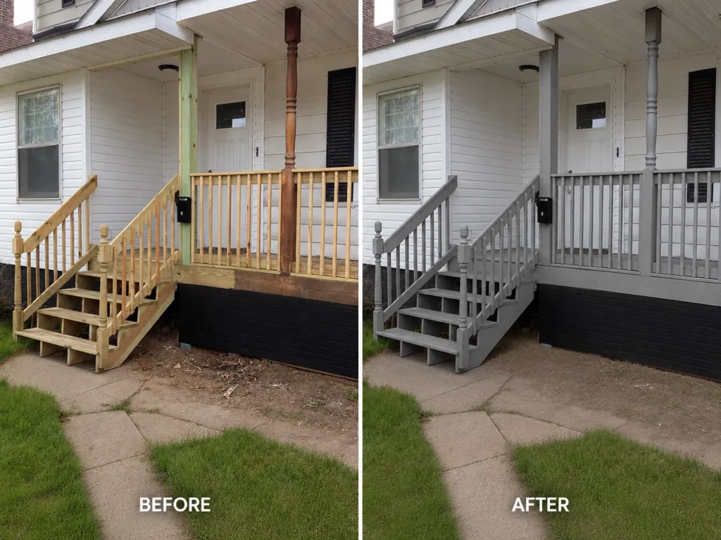 Before and after porch deck staining in Coralville IA
