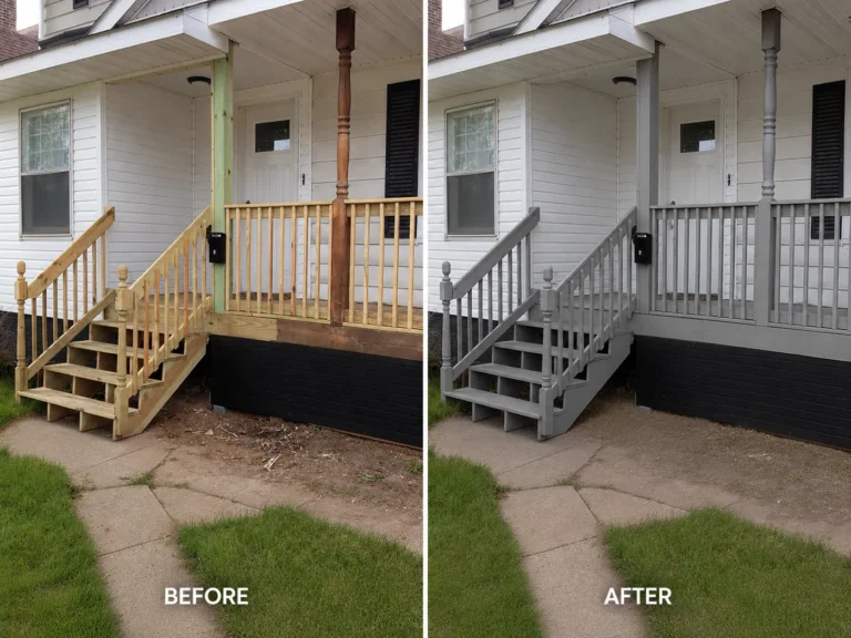 New front porch and steps before and after gray finish in Coralville