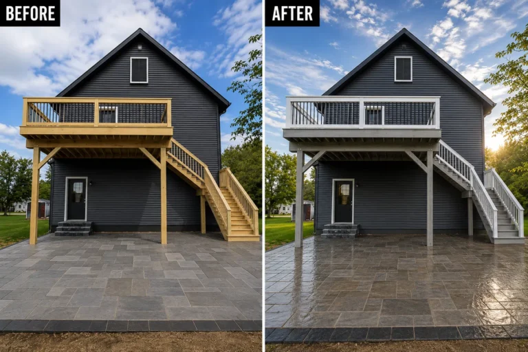 New elevated deck and stairs before and after gray finish in Iowa City