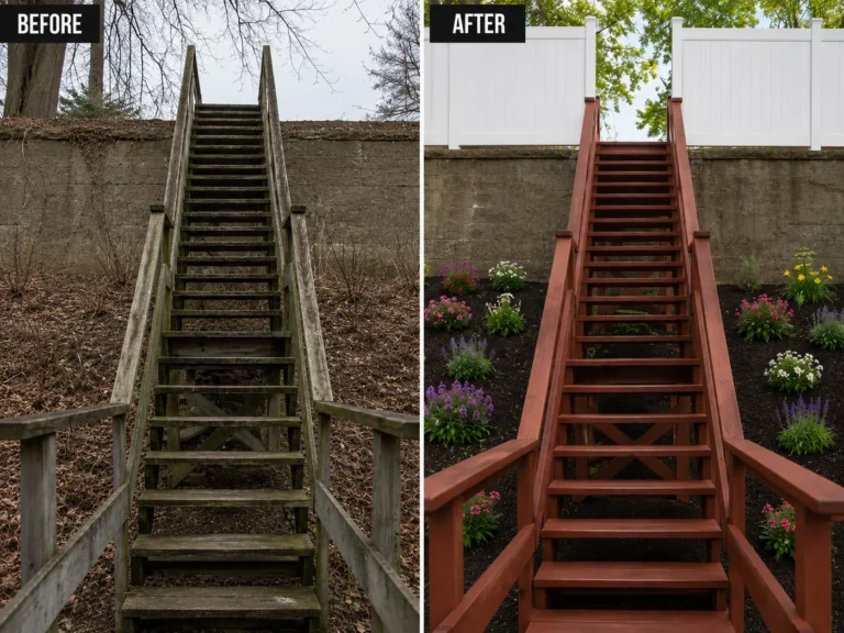 Tall weathered exterior stairway before and after restoration in Marion